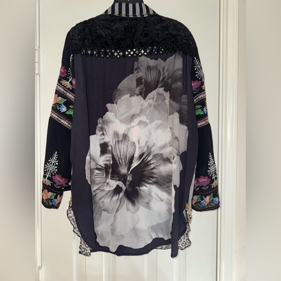 John Mark Black and Gray Striped Floral Embroidered Top - Picture 8 of 16